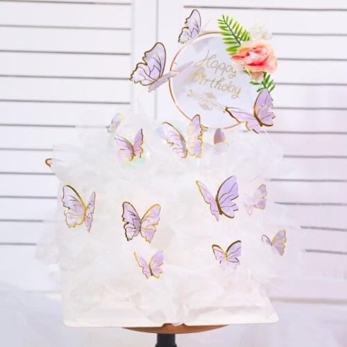 Beauty Butterfly Cake Topper Happy Birthday Party Decorations Kids Girls Lovely Gifts Baking Decor Pink Purple Cupcake Toppers