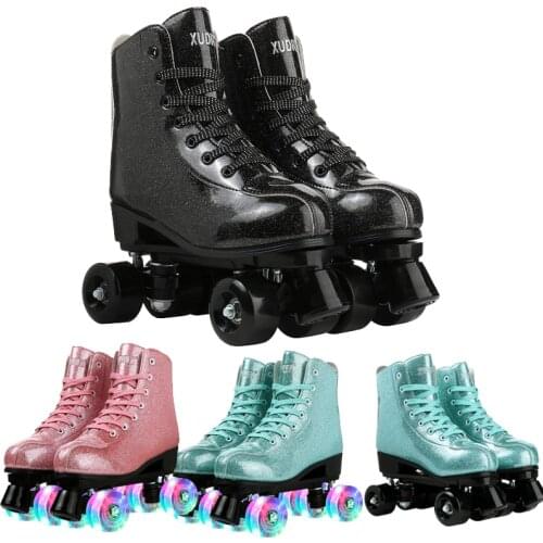 2021 Latest Style Quad Roller Skates Women Grils Artificial Leather Beginner Outdoor Shine Led Light 4 Wheels PU ABEC-7 Skating