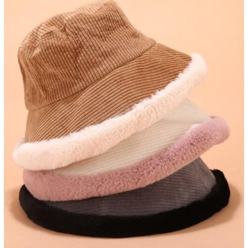 Autumn Winter Bucket Hats Women Corduroy Panama Hat Thick Warm Plush Fisherman Cap For Girl crimping Basin Hat