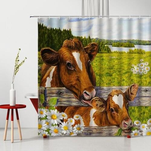 Cow Shower Curtain Flower Farm Animals 3D Printing Washable Fabric Bathroom Decor With Hook Rural Scenery Floral Shower Curtains