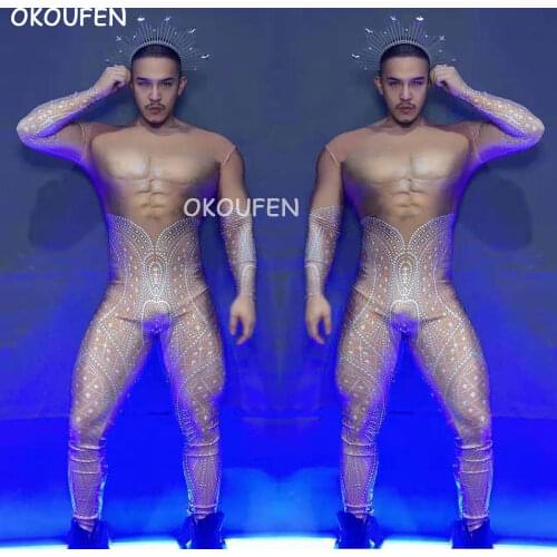 Sexy white flash diamond muscle jumpsuits nightclub bar singer male DS one-piece costume