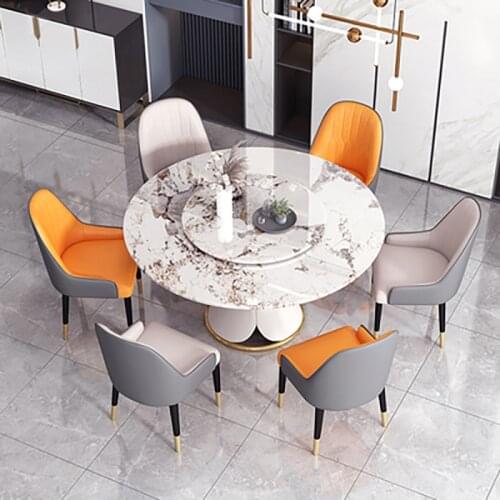 Light luxury dining table home modern minimalist marble round turntable American imported Pandora light rock slab dining table