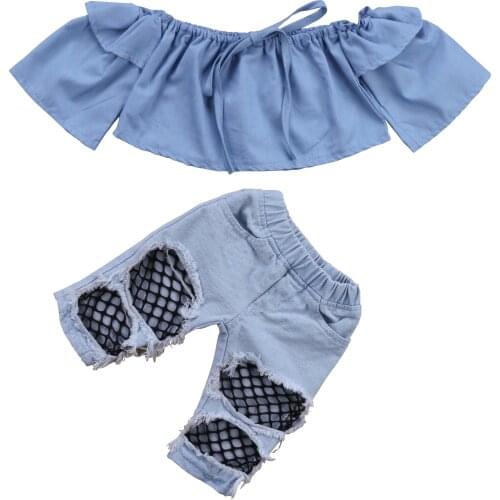 Citgeett Toddler Kids Baby Girls Off Shoulder Tops Denim Pants Hole Jeans Outfit Patchwork Set Fashion Cute Summer Clothes