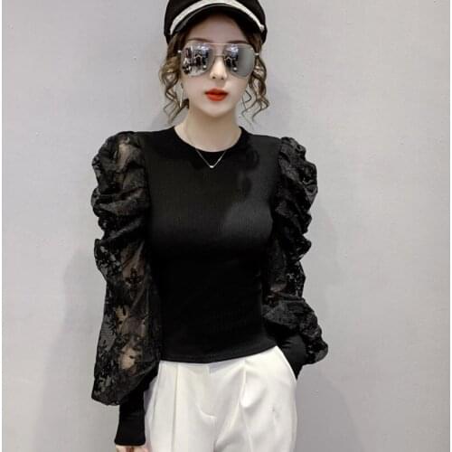 Spring Autumn Womens Blouse European Style Lace Lantern Sleeve Stitching Top New Long-sleeved Slimming Female Tops GX229