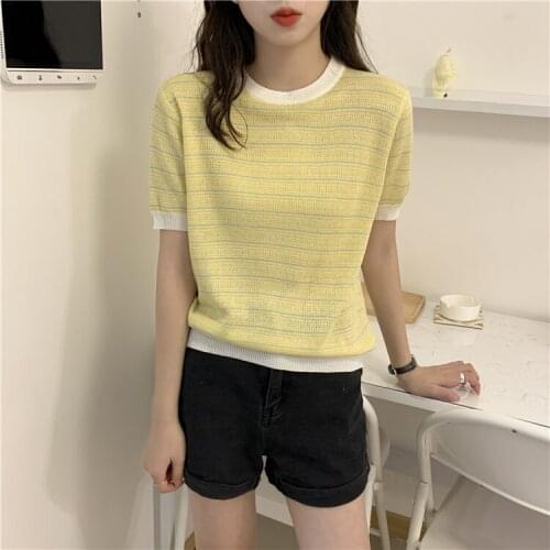 2021 Spring/Summer new round collar short-sleeved slim silk knit top woman tshirts woman tshirts