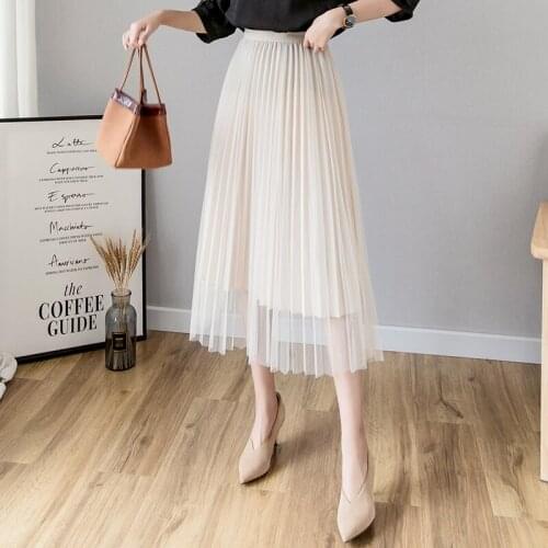 Skirts Womens Elastic Waist Skirt Mesh Midi Skirt Female Gold Velvet Pleated Skirts High Waist 2020