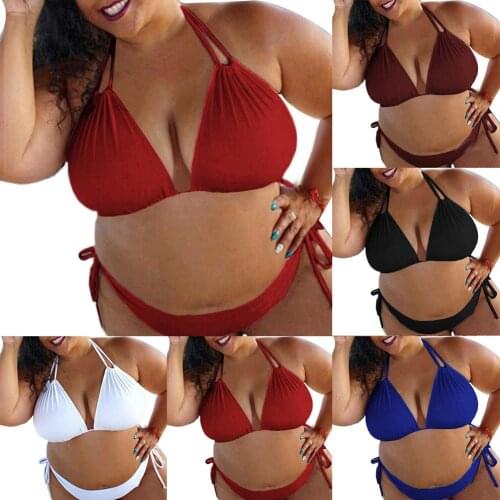 Plus Size Two-piece Women Swimsuit Solid Color Summer Halter Bandage Bikini Set