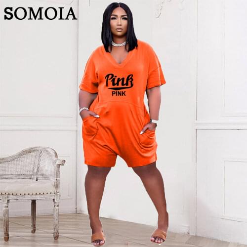 Plus Size Sporty Style Womens Clothing New Fashion Sexy Solid Color Letter Printing Loose V Neck Casual Straight Leg Jumpsuit