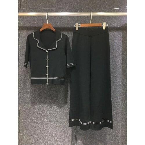 Sweater Sets 2021 Autumn Winter High Quality Clothing Suits Women Beading Button Cardigan Tops Coat+Wide Leg Knitted Long Pant