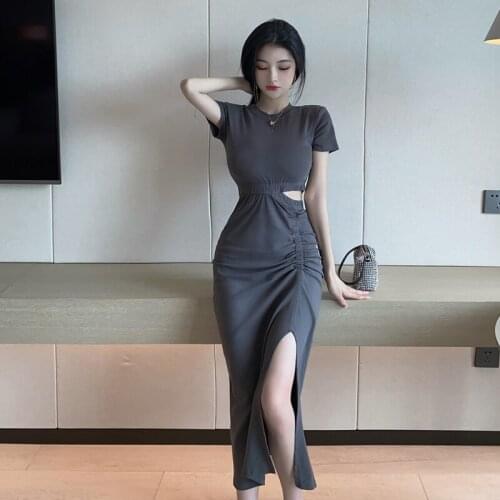 Korean Sexy Women Temperament High Waist Tight Dress 2021Summer Bag Hip Hollow Out One Piece Fashion Split Fork Clothing Dress