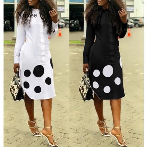 Irregular Hem Long Sleeve Midi Shirt Dress Women Autumn Polka Dot Button Plus Size Office Elegant Casual Streetwear Dresses