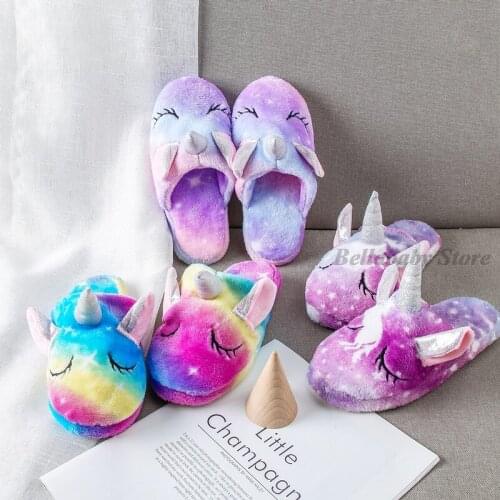Winter Unicorn Slippers Warm Furry Plush Slipper Kids Shoes Boy Girl Slippers Baby Child Bedroom Slipper Non-Slip Indoor Shoes