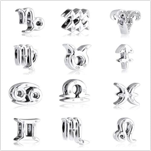 2019 Christmas 100% 925 Sterling Silver Winter Sparkling Twelve Zodiac Series Charms Fit Bracelets Necklaces DIY Women Jewelry