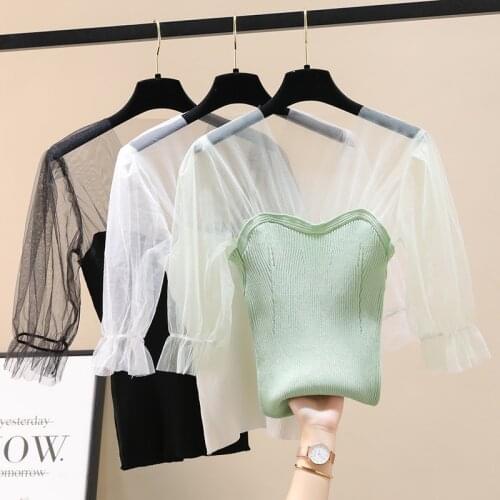 2020 New Arrival Fairy Design Grenadine Splicing Knitwear Slim Puff Sleeve Women Tops