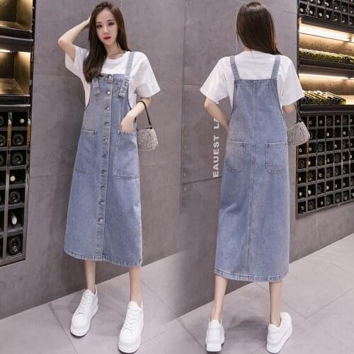 2021 Spring Autumn New Fashion Vintage Denim Strap Dresses Female Plus size 5XL Loose Sleeveless Button Jeans Dress With Pockets