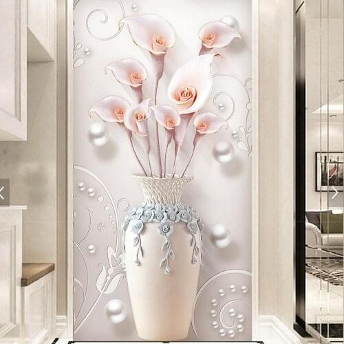 3D Vase Lily Floral Wall Paper Murals Living Room Entrance Wall Mural Home Art Decor Printing Wallpapers papier peint feuillage
