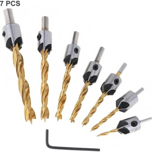 7pcs/lot HSS 5 Flute Countersink Drill Bit Set Carpentry Reamer Woodworking Chamfer End Milling Hole Wood 3mm-10mm