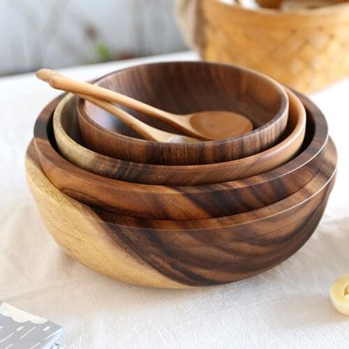 Household Round Natural Thick Durable Wooden Fruit Salad Bowl Noodle Rice Tableware Basin Container Kitchen Tool Environmental