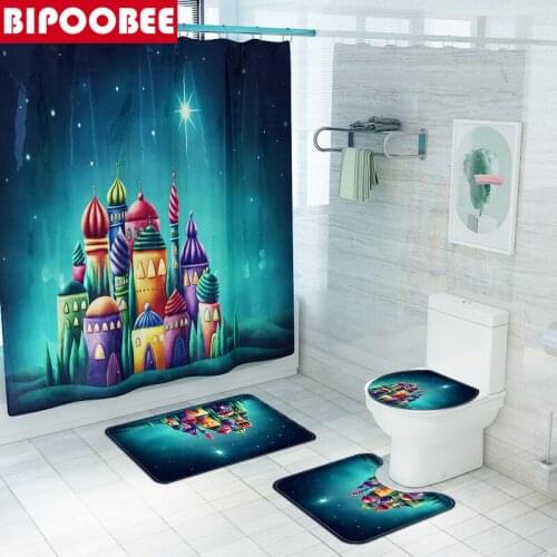 Colored Castle Print Shower Curtains Waterproof Polyester Bathroom Curtain Anti-slip Bath Mat Set Toilet Rugs Carpet Home Decor