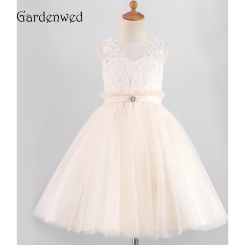 Baby Pink Flower Girl Dress 2019 Ruched Dot Tulle Skirt Waist Fine Lace Top Keyhole Back Crystal Belt Baby Wedding Party Dress