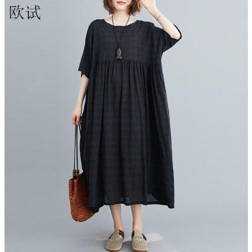 Plus Size Plaid Casual Cotton Summer Dress Women Oversized Vintage 4XL 5XL 6XL Ladies Dresses Robe Femme Beach Woman Dress 2021