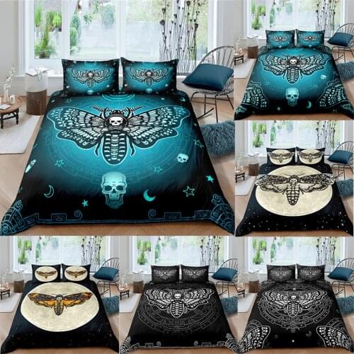 Moth Design Print Bedding Set Gothic Skull Duvet Cover Set Butterfly Bedclothes 2/3pcs Moon Stars Double Home Textiles King Size