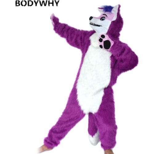 Long Hair Purple Mascot Costume Simulated Fox Fursuit Husky Wolf Cosplay Long Hair Animal High Quality Headgear Bodysuit Mascot