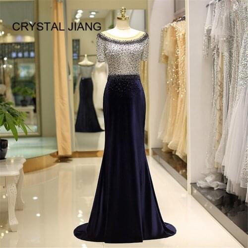 CRYSTAL JIANG 2018 New Fashion Scoop Collar Navy Crystal Beads Short Sleeves Velour Sweep Train Formal Evening Party Gown