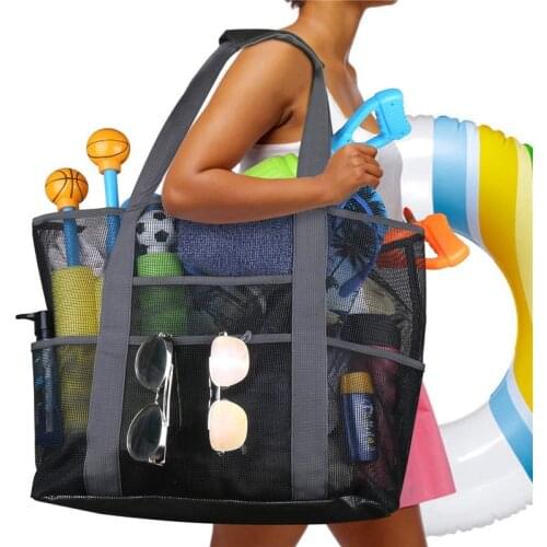 Fashion Summer Beach Bag Seaside Vacation Bathing Large-capacity Black Mesh Tote Bag 8 Pocket Practical Portable Organizer