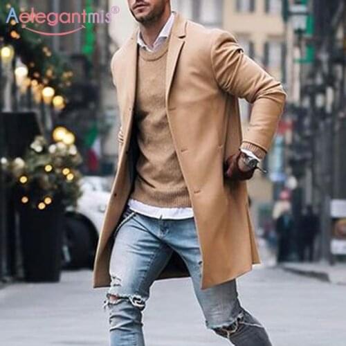 Aelegantmis M-5XL Plus Size Men Fashion Trench Coat Casual Long Jacket Coats Mens Windbreaker Male Solid Color Outwear Overcoat