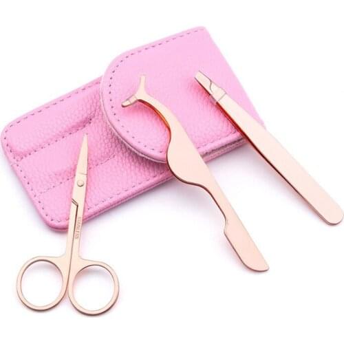 3Pcs Eyelash Tweezers Eyebrow Scissors Set Stainless Professional Eye Lashes Extension Cosmetic Tools Leather Bag Makeup