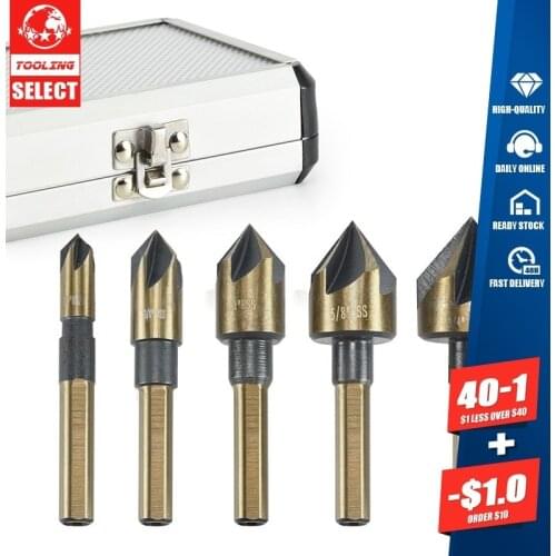 Quality 5pcs Industrial M2 82 Degree Point Angle Countersink Drill Bit Set Flute Wood Chamfering Tool Cutter Chamfer Countersink