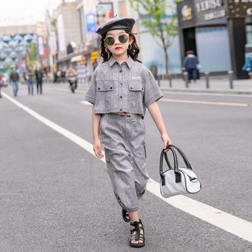 2021 summer new girls clothing sets teenage girl plaid top and shorts 2pcs outfits kids suits wholesale