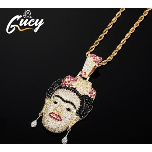 GUCY Characters Head Necklace & Pendant Gold Color Bling Cubic Zircon Mens Hip Hop Rock Street Jewelry