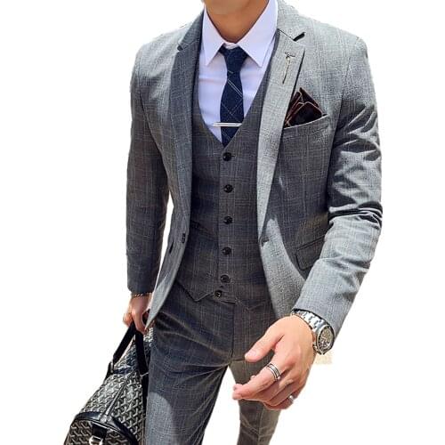 Jacket + Vest + Pants ) Groom Wedding Dress Men Plaid Formal Suit 3pc Set Houndstooth Social Mens Slim Casual Business Suit