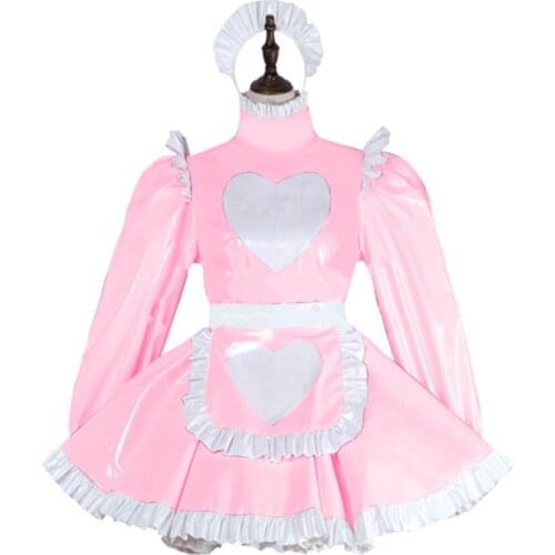 French Maid PVC Dress Lockable Uniform Long Sleeve Cute Lolita Sweet Pleated Sissy Cosplay Sexy Costume with Heart Pattern Apron