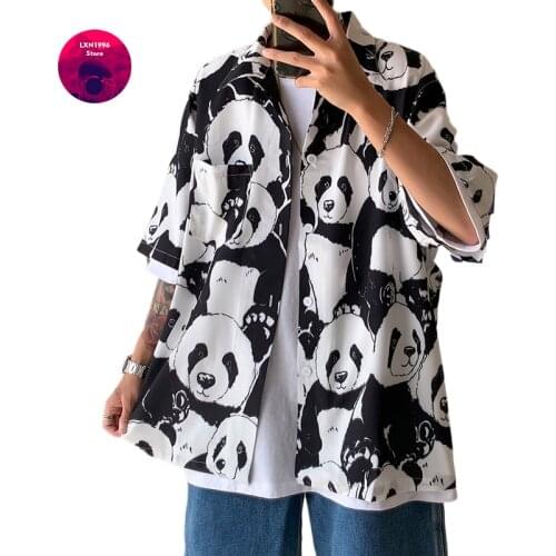 Chinese Style Panda Pattern Printed Casual Shirt 2021 New Fashion Brand Mens Streetwear Short-sleeve Shirt