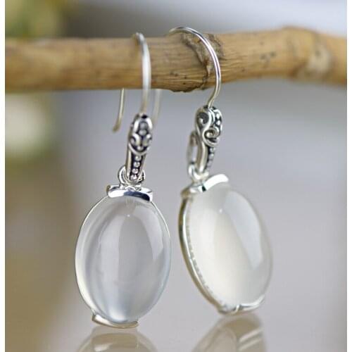 Sterling Silver Genuine White Jade Leverback Drop Earrings Hanging Earring 925 Sterling-silver Luxury Fine Jewelry