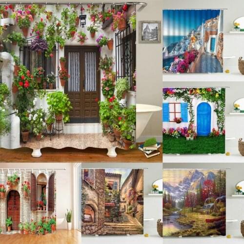 Garden Flowers Scenery Shower Curtains Bath Curtain Hooks Waterproof Bathroom hanging Home Decor Washable Fabric Bathroom Screen