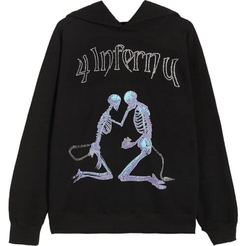 Rhinestone Skull Print Hoodie Dark Women Hip Hop Streetwear Goth Harajuku Y2k grunge Clothes Punk Jacket Outwear Hoodies Coat