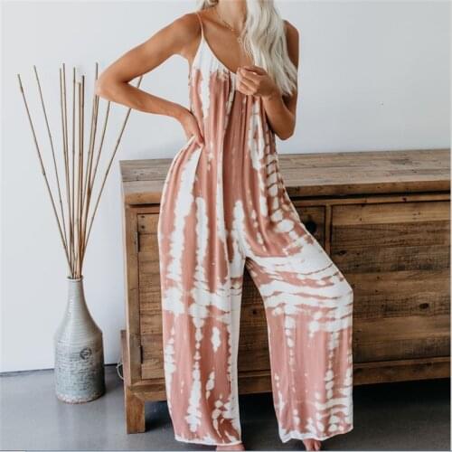 Women Tie-dye Jumpsuit Spaghetti Strap Loose Overalls Baggy Long Pants Spaghetti Strap Jumpsuits Female Stylish Romper Outfits