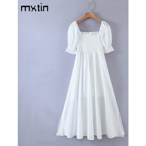 2021 Women Spring Vintage White Elasticity Maxi Dress Fashion Square Collar Female Beach Style Dresses Vestido De Mujer