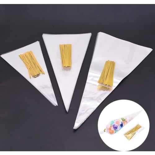 100Pcs/Set Clear Cellophane Packing Bag Transparent Cone Candy For DIY Wedding Birthday Party Favors Bag Popcorn Plastic GiftBag