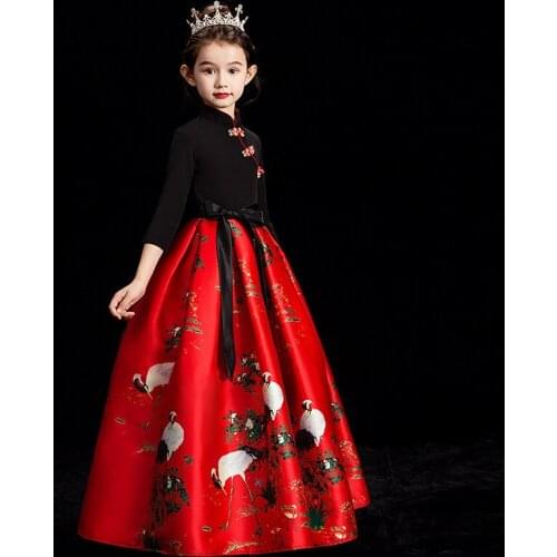 Satin Children Chinese Dress Girl Long Cheongsam Modern Qi Pao Princess Evening Party Dresses China Winter Costume Clothes Set