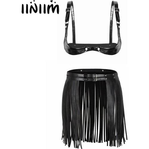 Women Sexy Half Cup Open Nipple Bra Brassiere Shiny Faux Leather Lingerie Adjustable Shoulder Straps Bra Tops with Tassel Skirts