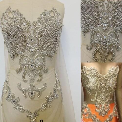 1 Piece Rhinestone Bead Applique Crystal Bodice Patches Heavy Beads Handmade Bodice Patch for Wedding Party