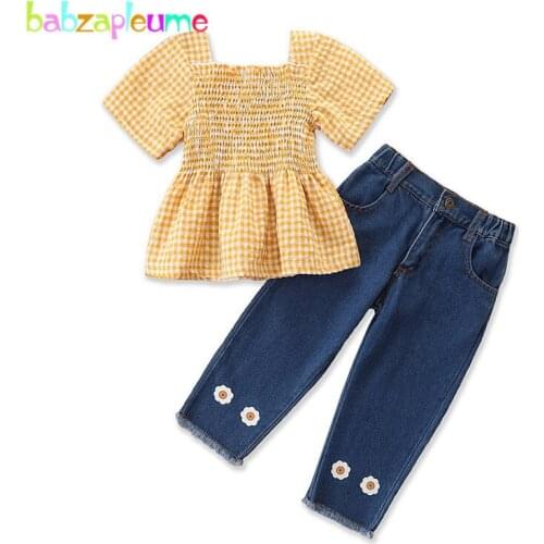 Babzapleume Kids Summer Set Baby Girls Clothes Fashion Plaid Short Sleeve T-shirt+Children Jeans Boutique Kids Clothing BC2058