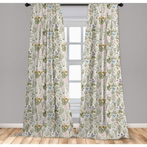 Mustard Green Floral Window Curtains Vintage Garden Plants with Herbs Flowers Botanical Classic Lightweight Decorative