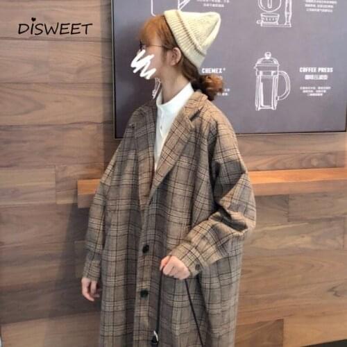 Harajuku woolen plaid jacket female Korean version of the college long womens Trench2020 winter casual loose warm Trench
