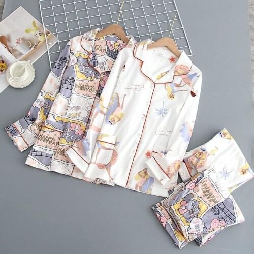 Cotton Pajamas Set Woman Cartoon Print Long Sleeve Pyjama Loose Size Shirt Summer Lingerie Female Soft Sleepwear